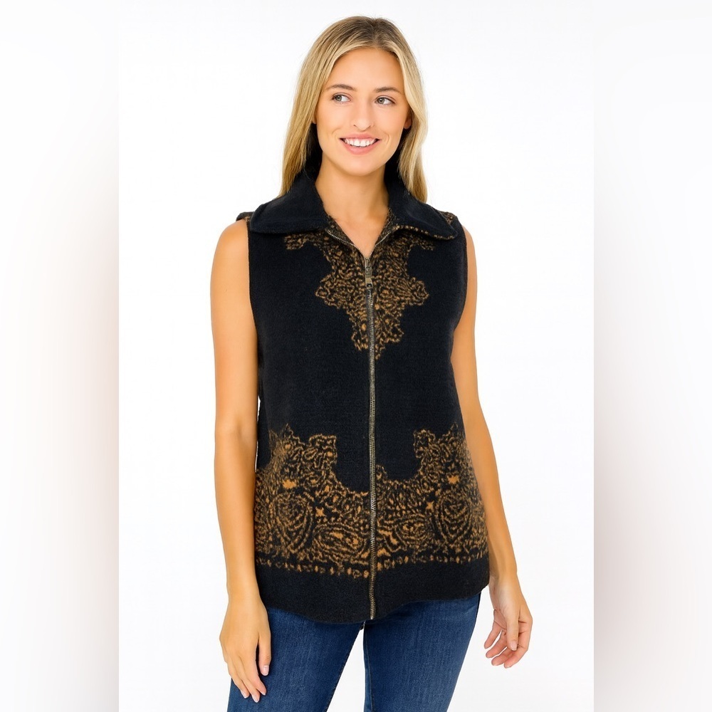 Vintage Zip Up Vest Black Gold Tapestry Pattern Pockets Boho Cottagecore Small